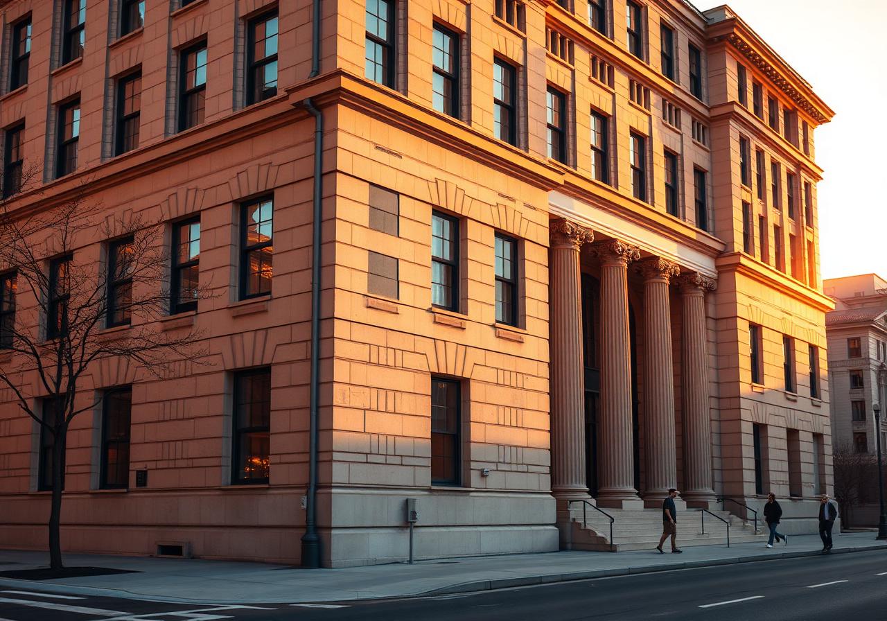 Modern glass office building exterior rising against a clear sky.