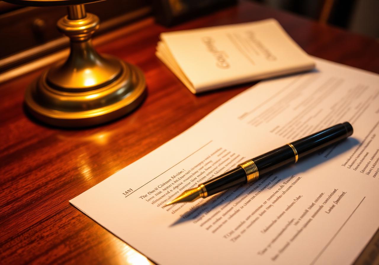 Legal documents and a fountain pen resting on a polished mahogany desk.