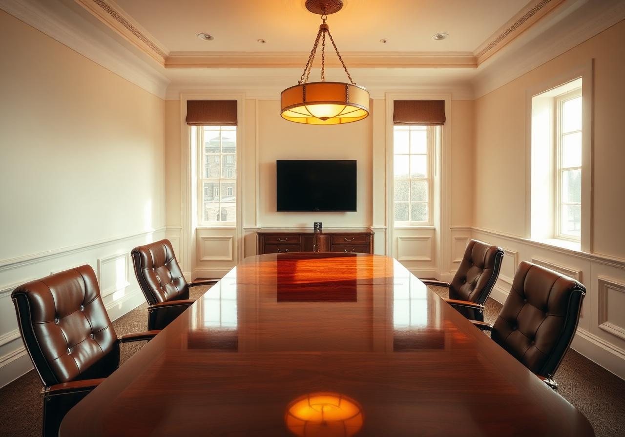 Two professionals seated across a table in a calm meeting room.