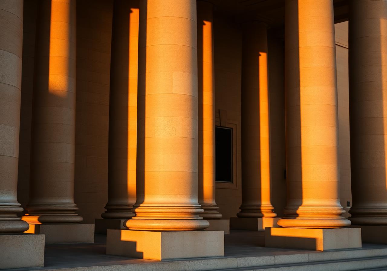 Stately courthouse exterior with classical stone columns.